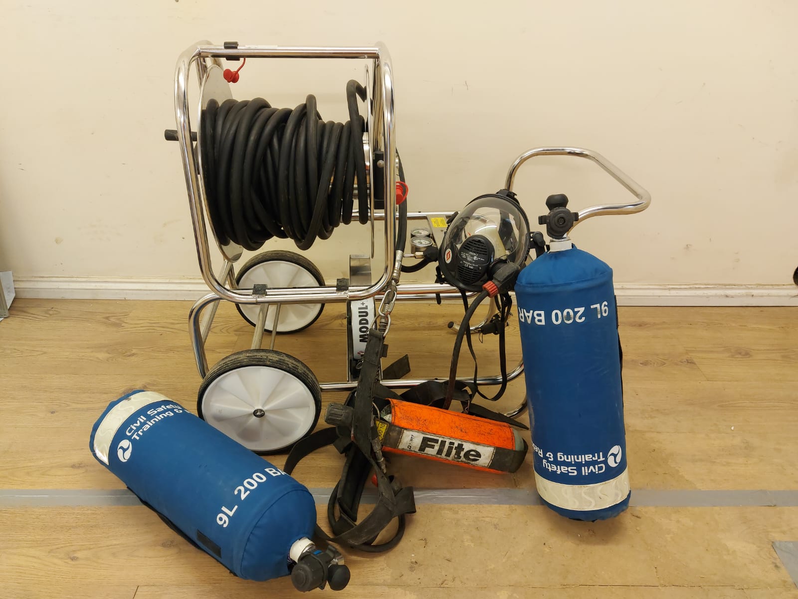 Various safety equipment with Civil Safety branding